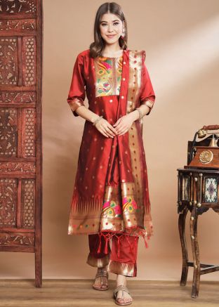 Readymade Red Zari Woven Pant Suit Set