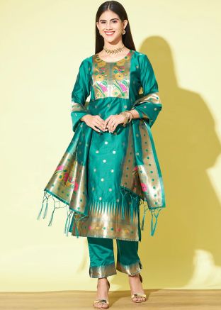 Readymade Sea Green Zari Woven Pant Suit