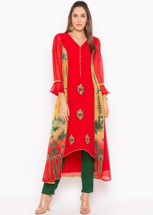Red Asymmetric Tie-Dye Printed Long Kurta