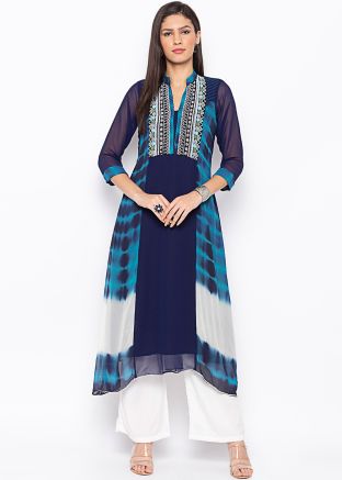 Blue Asymmetric Tie-Dye Printed Kurta