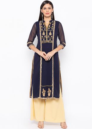 Navy Blue Embroidered Straight Cut Kurta