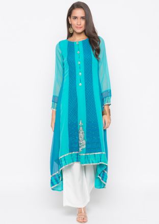 Turquoise Embroidered Asymmetric Long Kurta