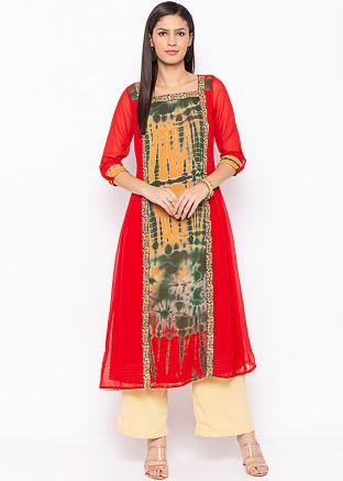 Red Tie-Dye Printed Readymade Long Kurta