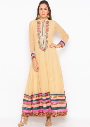 Readymade Beige Embroidered Flared Kurta