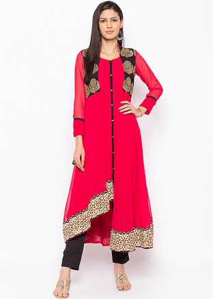 Red Asymmetric Embroidered Readymade Kurta