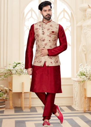 Maroon Kurta Churidar Set With Jacquard Woven Nehru Jacket
