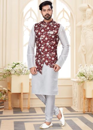 White Kurta Churidar Set With Floral Printed Nehru Jacket
