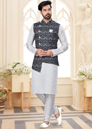 White Kurta Churidar Set With Printed Asymmetric Nehru Jacket
