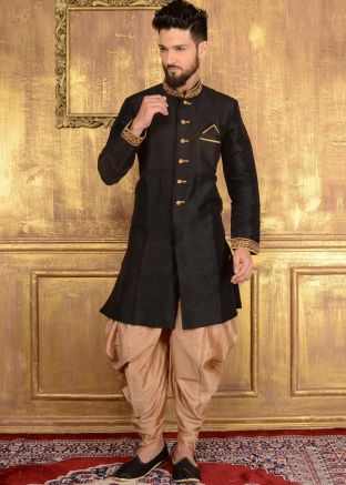 Readymade black art silk sherwani with dhoti