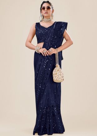 Navy Blue Sequins Work Net Saree