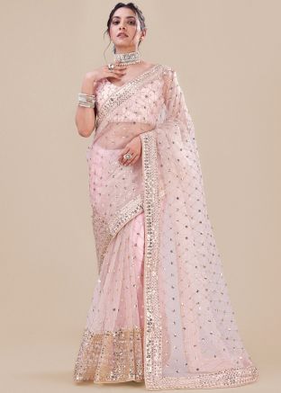 Pink Embellished Net Saree & Blouse