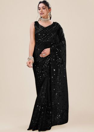 Black Embroidered Net Saree