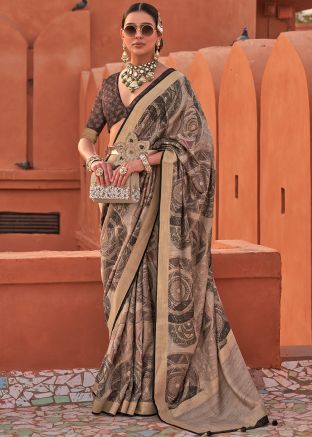 Beige Art Silk Saree In Woven Work