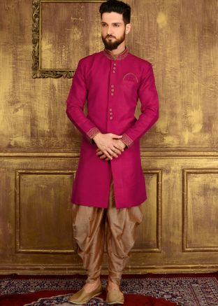 Readymade magenta art silk sherwani with dhoti