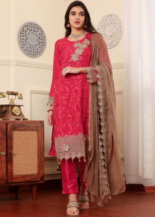 Pink Embroidered Suit Set In Georgette