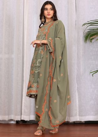 Green Embroidered Suit Set In Georgette