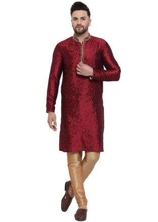 Maroon Woven Readymade Kurta Churidar Set