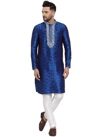 Blue Jacquard Woven Readymade Kurta Churidar Set