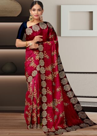 Maroon Embellished Satin Silk Saree