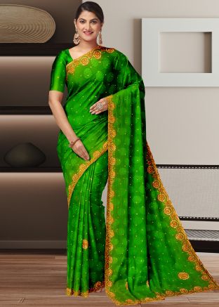Green Embellished Saree In Jacquard Silk