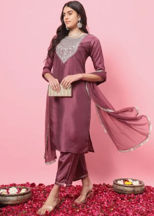 Rouge Pink Embroidered Readymade  Art Silk Pant Suit