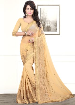 Beige Embroidered Saree In Georgette