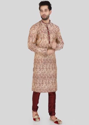 Printed Beige and Maroon Kurta Pajama in Silk