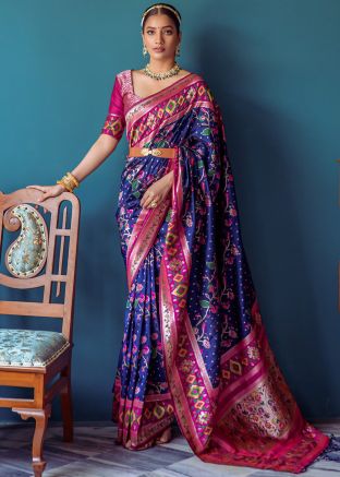 Navy Blue Woven Saree In Paithani Silk