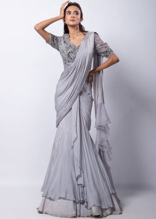 Grey Pre-Stitched Saree With Embroidered Blouse