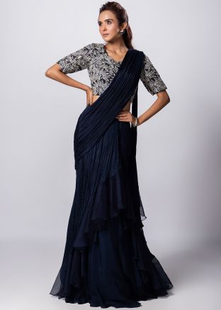Blue Pre-Stitched Saree With Embroidered Blouse