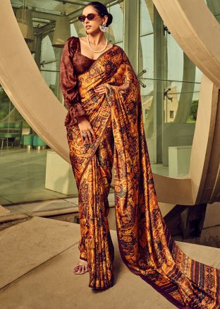 Multicolored Satin Saree In Digital Print