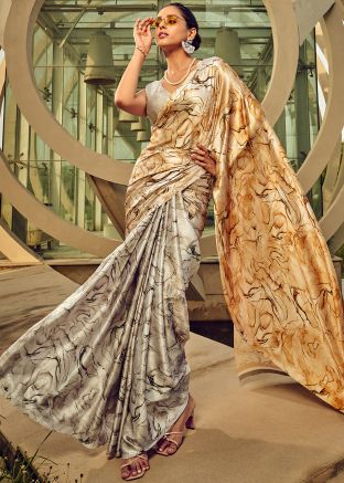White Digital Printed Satin Saree & Blouse