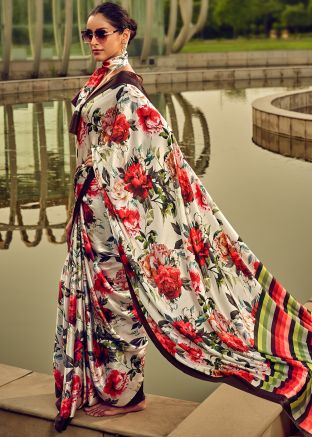 White Satin Saree In Digital Floral Print