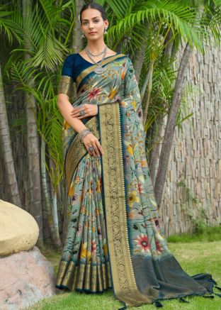Blue Digital Floral Print Art Silk Saree