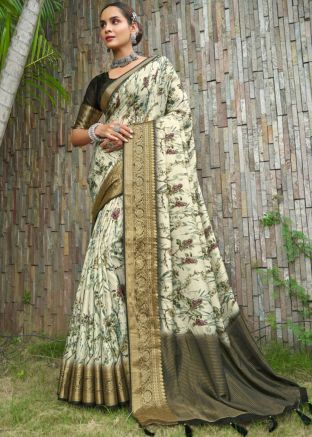 Beige Digital Floral Print Art Silk Saree