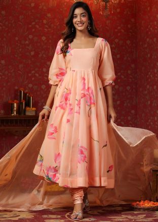 Readymade Peach Chanderi Anarkali Suit In Floral Print