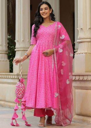 Pink Printed Anarkali Suit Set In Cotton