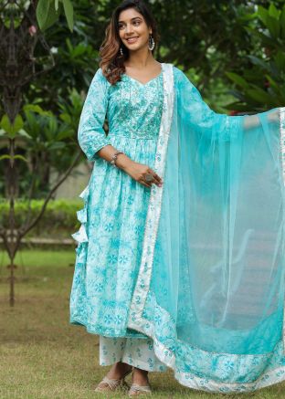 Turquoise Print Cotton Readymade Anarkali Suit