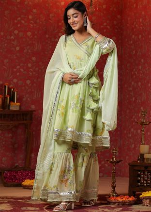 Pastel Green Readymade Printed Chiffon Gharara Suit