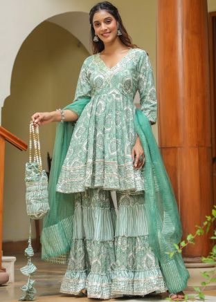 Sage Green Printed Readymade Cotton Gharara Suit