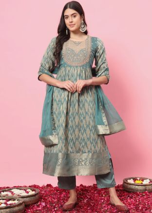 Blue Printed Readymade Pant Suit Set