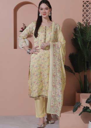 Yellow Digital Printed Satin Pant Suit