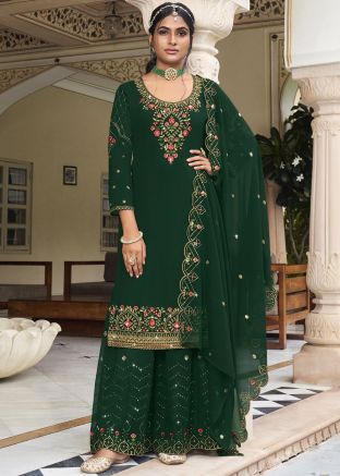 Green Embroidered Sharara Suit In Georgette