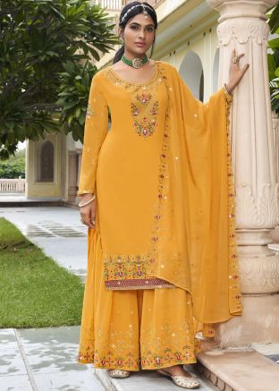 Yellow Embroidered Georgette sharara Suit Set