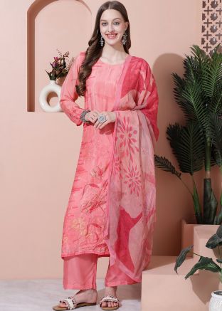 Coral Pink Palazzo Suit In Digital Floral Print