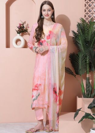 Peach Floral Printed Pant Suit In Cotton