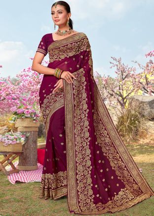 Magenta Embroidered Bridal Saree