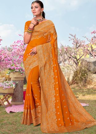 Yellow Georgette Embroidered Bridal Saree