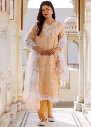 Peach Readymade Floral Printed Cotton Pant Suit