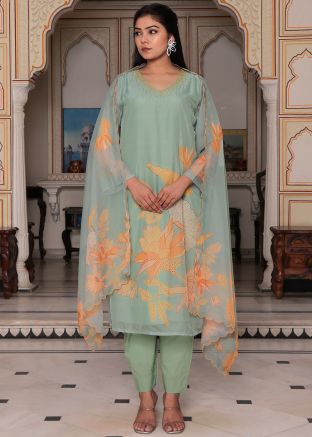 Green Readymade Floral Printed Pant Suit Set